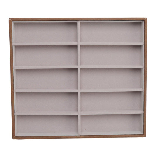 Sunglasses display tray with 10 grid compartments, light beige inserts and woodgrain sides.