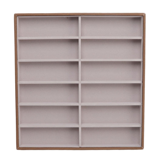Sunglasses storage tray with 12-grid divider insert, brown PU wood-grain frame, light gray slots