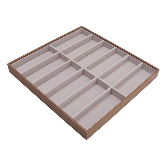 Sunglasses display tray with raised 12 compartments, brown frame and light gray divider pads