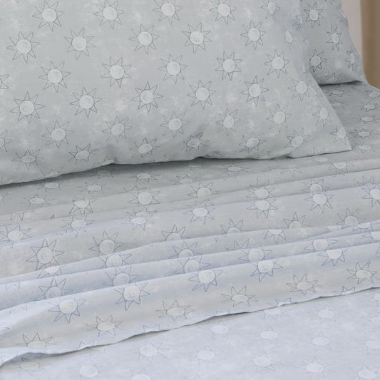 Single sheet set, light blue-gray star and sun pattern on folded sheets