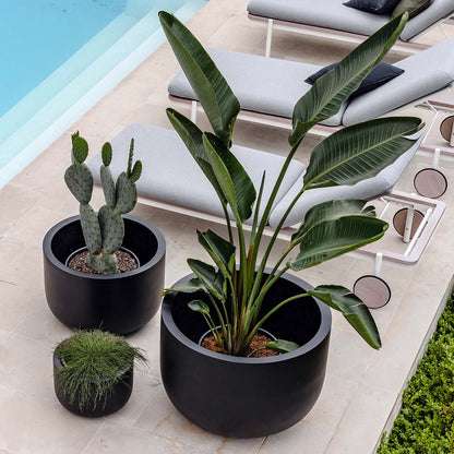 The Chop planter set in charcoal, three round pots with assorted greenery