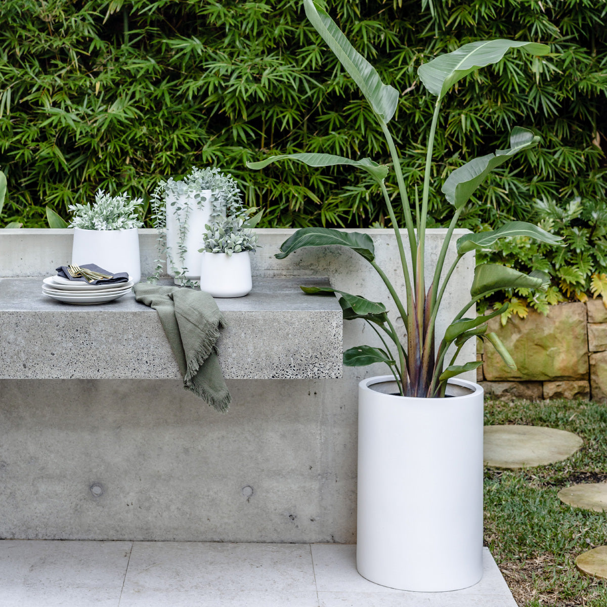 White cylindrical outdoor planter with leafy plant, placed on a stone patio.