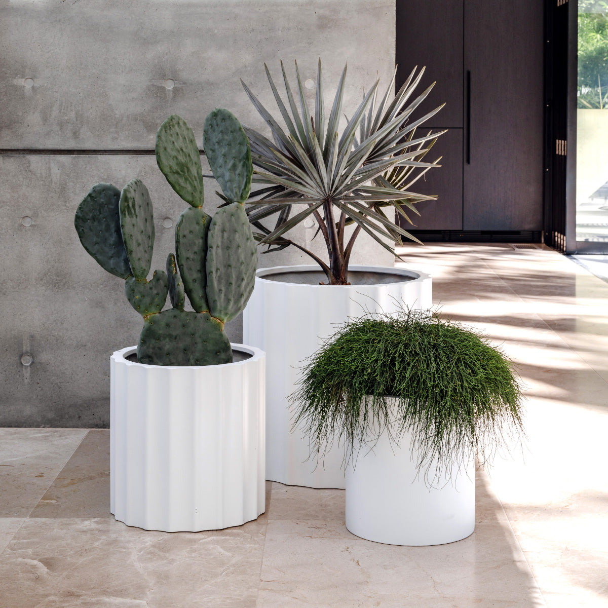 Ribbed planter set, white cylindrical pots with vertical ridges and round rim tops