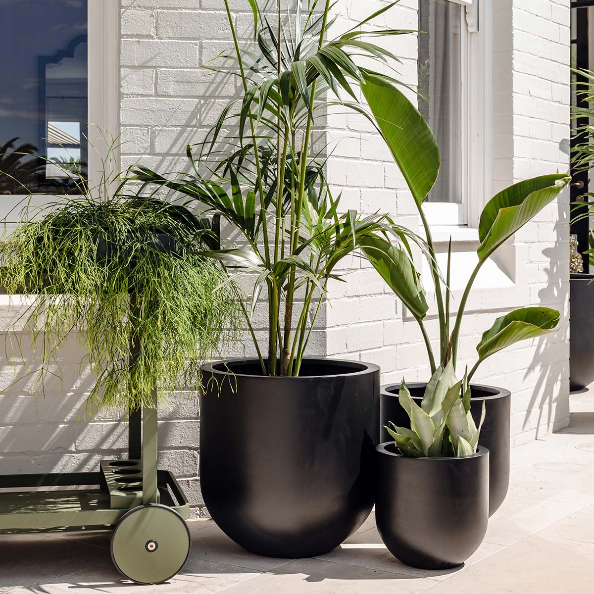 Matte dark planter set with three round pots for plants, including a tall center pot