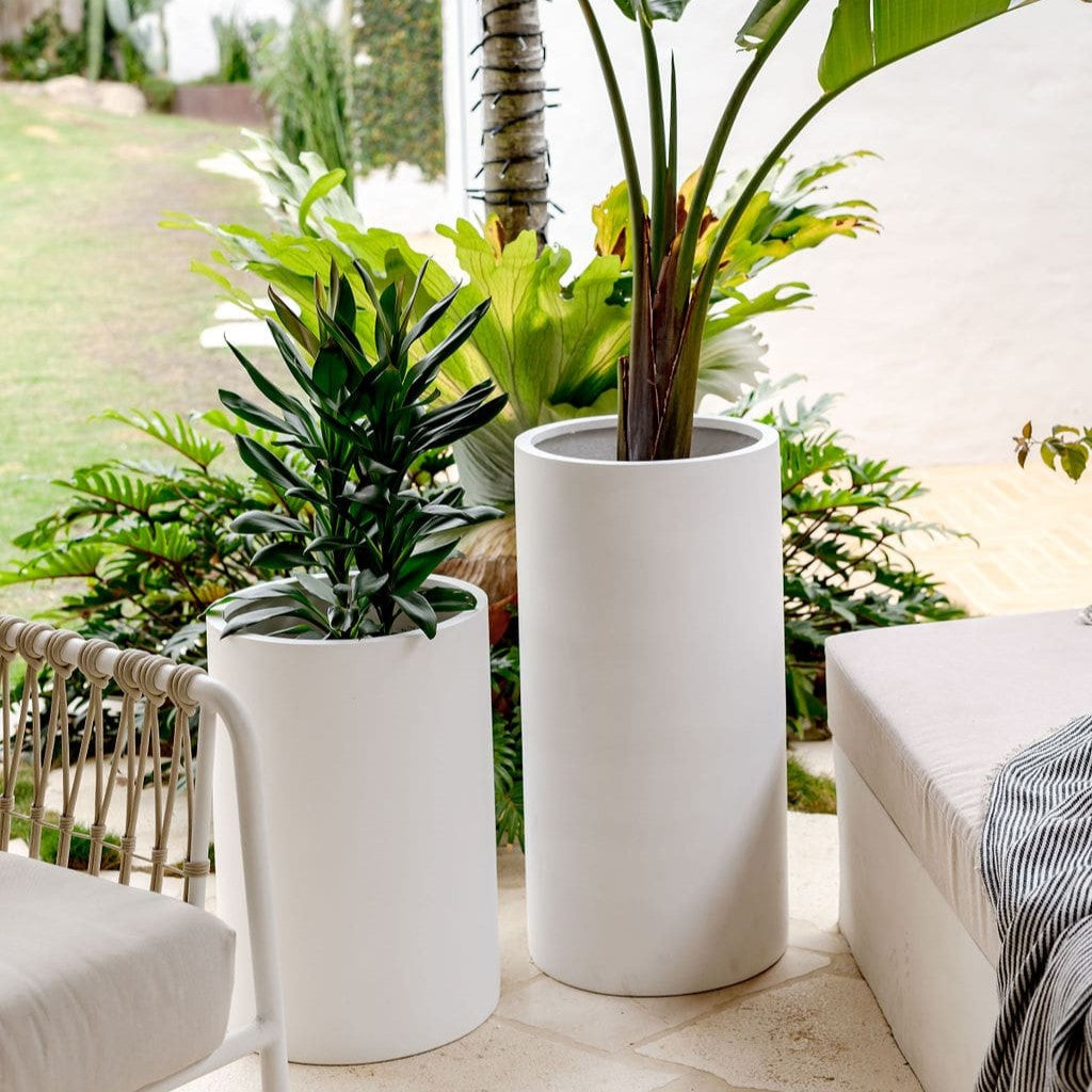 White planter pots set of three, tall matte cylindrical containers with open tops