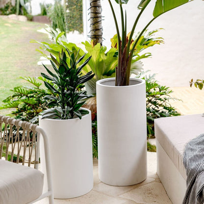 White planter pots set of three, tall matte cylindrical containers with open tops
