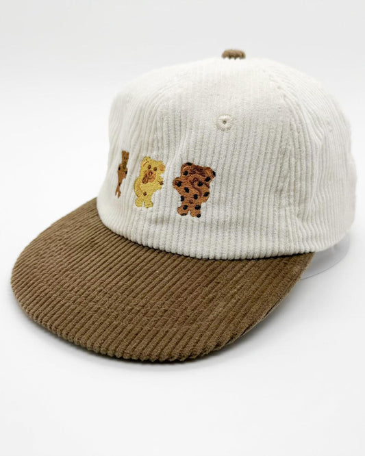 Bikkie cub mini lid cap, white ribbed crown and brown brim, side bear patches