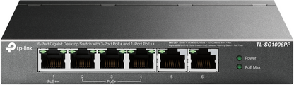 TP-Link TL-SG1006PP 6-Port Gigabit Desktop Switch with 1-Port PoE++ and 3-Port PoE+ | Silent Fanless Design, 64W PoE Budget, Plug & Play