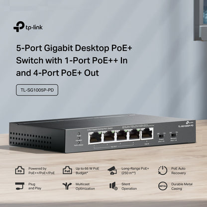TP-Link TL-SG1005P-PD 5-Port Gigabit Desktop PoE+ Switch with 1-Port PoE++ In and 4-Port PoE+ Out | Fanless, Long-Range PoE, Plug & Play