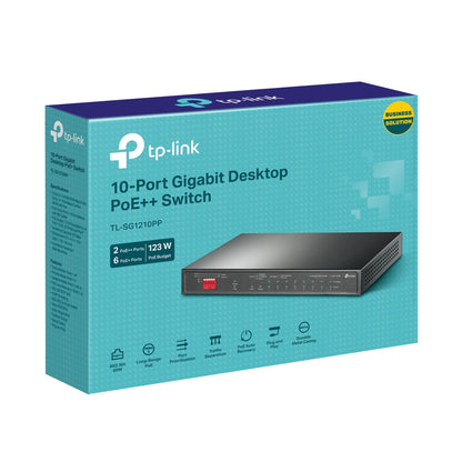 TP-Link TL-SG1210PP 10-Port Gigabit Desktop Switch with 6-Port PoE+ and 2-Port PoE++ | Fanless Design, 123W PoE Budget, Priority & Isolation Modes