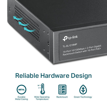 TP-Link TL-SL1218MP 16-Port 10/100 Mbps + 2-Port Gigabit PoE+ Rackmount Switch | High Power Budget, Long-Range PoE, Plug-and-Play Simplicity