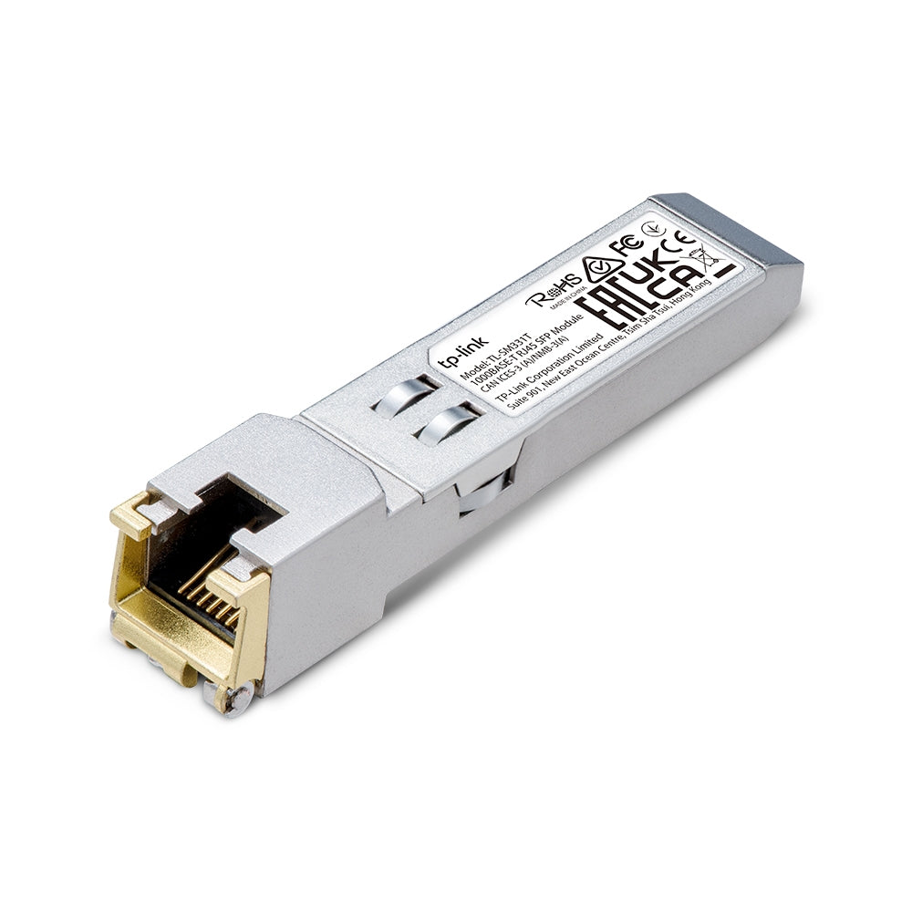 TP-Link Omada TL‑SM331T 1000BASE‑T RJ45 SFP Module – Gigabit, 100 m over Cat 5e, Hot‑Pluggable, Low‑Power, Metallic Enclosure