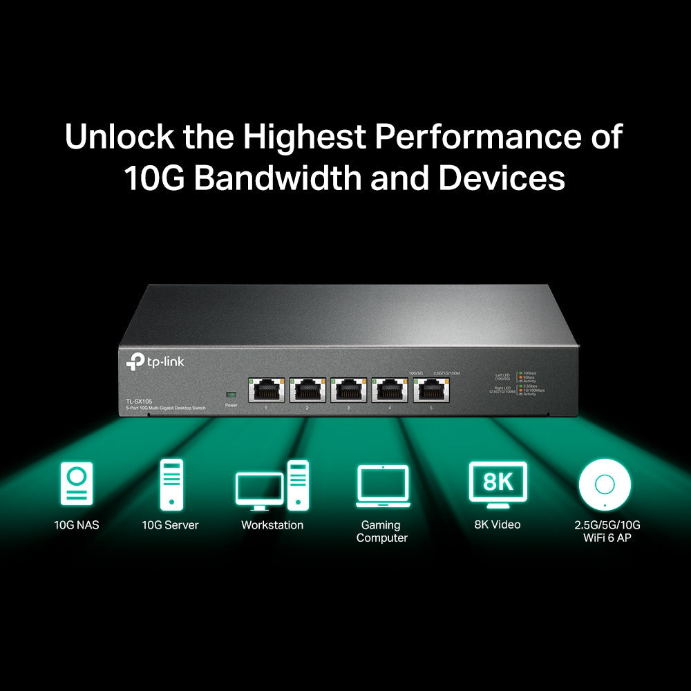 TP-Link TL-SX105 5-Port 10G Multi-Gigabit Desktop Switch | Ultra-High-Speed Networking for Home & Business