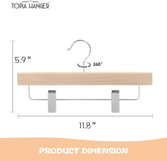 Kids wooden clip hanger with 11.8 in bar, two clips, and 360° swivel chrome hook