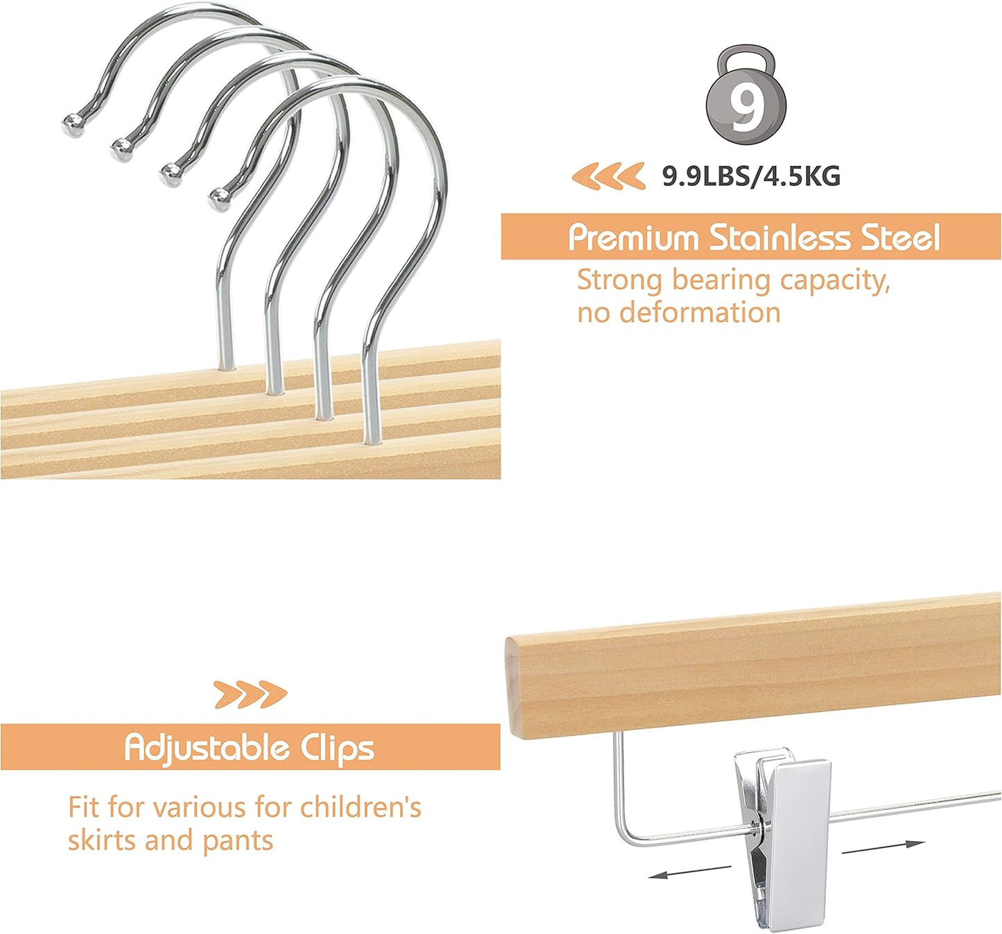 TOPIA HANGER 11.8'' Unfinished/Natural Wooden Pants Skirt Hangers for Kids Baby Toddler Children, Extra Thick Chrome Hooks & Anti-Wrinkle Premium Flat Clips 10 Pack CT09PN