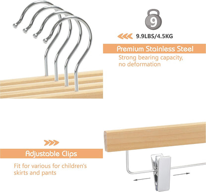 TOPIA HANGER 11.8'' Unfinished/Natural Wooden Pants Skirt Hangers for Kids Baby Toddler Children, Extra Thick Chrome Hooks & Anti-Wrinkle Premium Flat Clips 10 Pack CT09PN