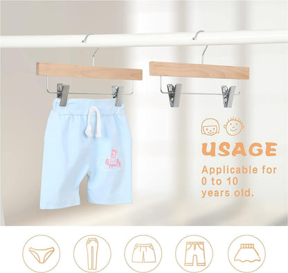 TOPIA HANGER 11.8'' Unfinished/Natural Wooden Pants Skirt Hangers for Kids Baby Toddler Children, Extra Thick Chrome Hooks & Anti-Wrinkle Premium Flat Clips 10 Pack CT09PN