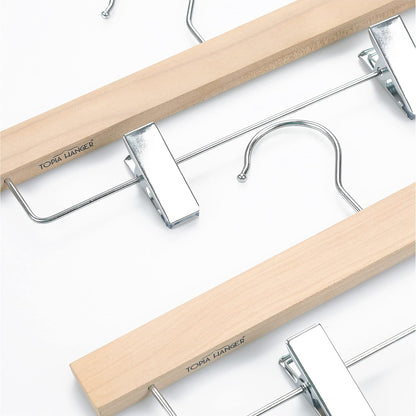 TOPIA HANGER 11.8'' Unfinished/Natural Wooden Pants Skirt Hangers for Kids Baby Toddler Children, Extra Thick Chrome Hooks & Anti-Wrinkle Premium Flat Clips 10 Pack CT09PN