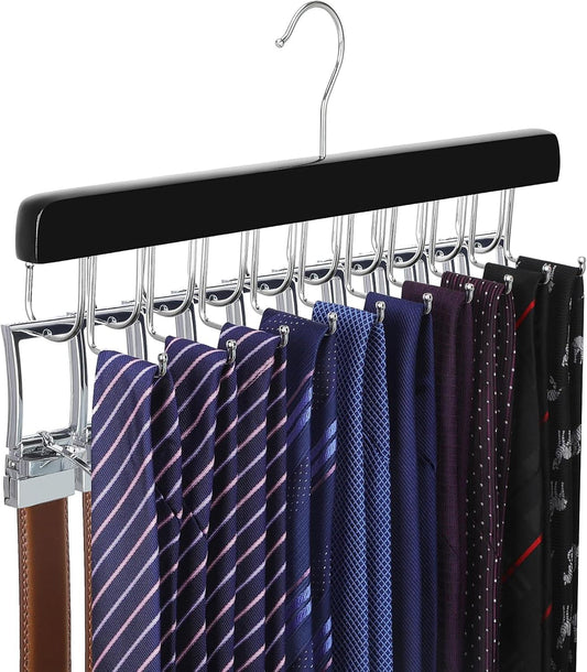 Black belt-and-tie hanger with chrome hooks, striped fabric belts hanging across.