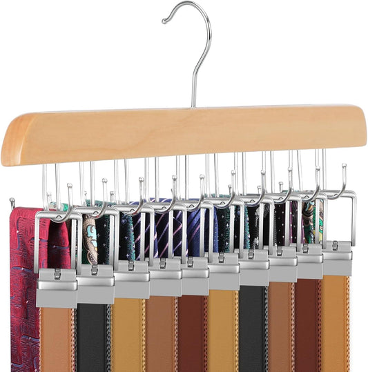Belt and tie hanger rack with curved metal hooks and light wood top bar