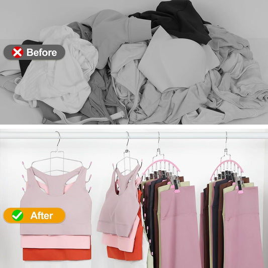 Pink multi-slot hanger holding clipped tank tops and leggings on closet rod