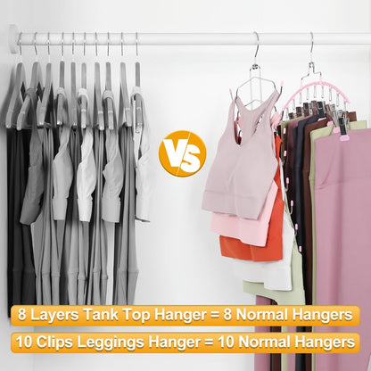 TOPIA HANGER 4 Pack Gym Clothes Organizer, 2 Pack Tank Top Hangers with 2 Pack Leggings Hangers Space Saving Hang 20 Sets Tank Top Bra with Leggings Shorts Pants for Closet Women Pink CT78P