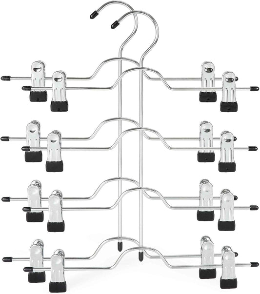 Four-tier metal skirt hanger with black non-slip clips, chrome finish, adjustable hook