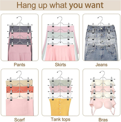 TOPIA HANGER 4 Tier Metal Skirt Hangers for Women, Pants Hanger Space Saving with Adjustable Clips, Gain 70% More Space, Non Slip Grip for Slacks, Trousers, Shorts, Jeans, Towels, Black, 2-Pack, CT20B