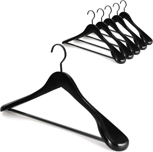 Black wooden coat hanger set, glossy wide shoulders and flat extra-thick hooks