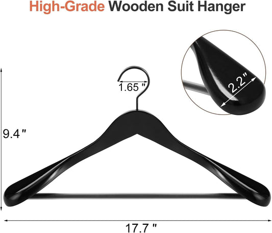 Black wooden suit hanger, wide shoulders with smooth glossy finish and curved hook
