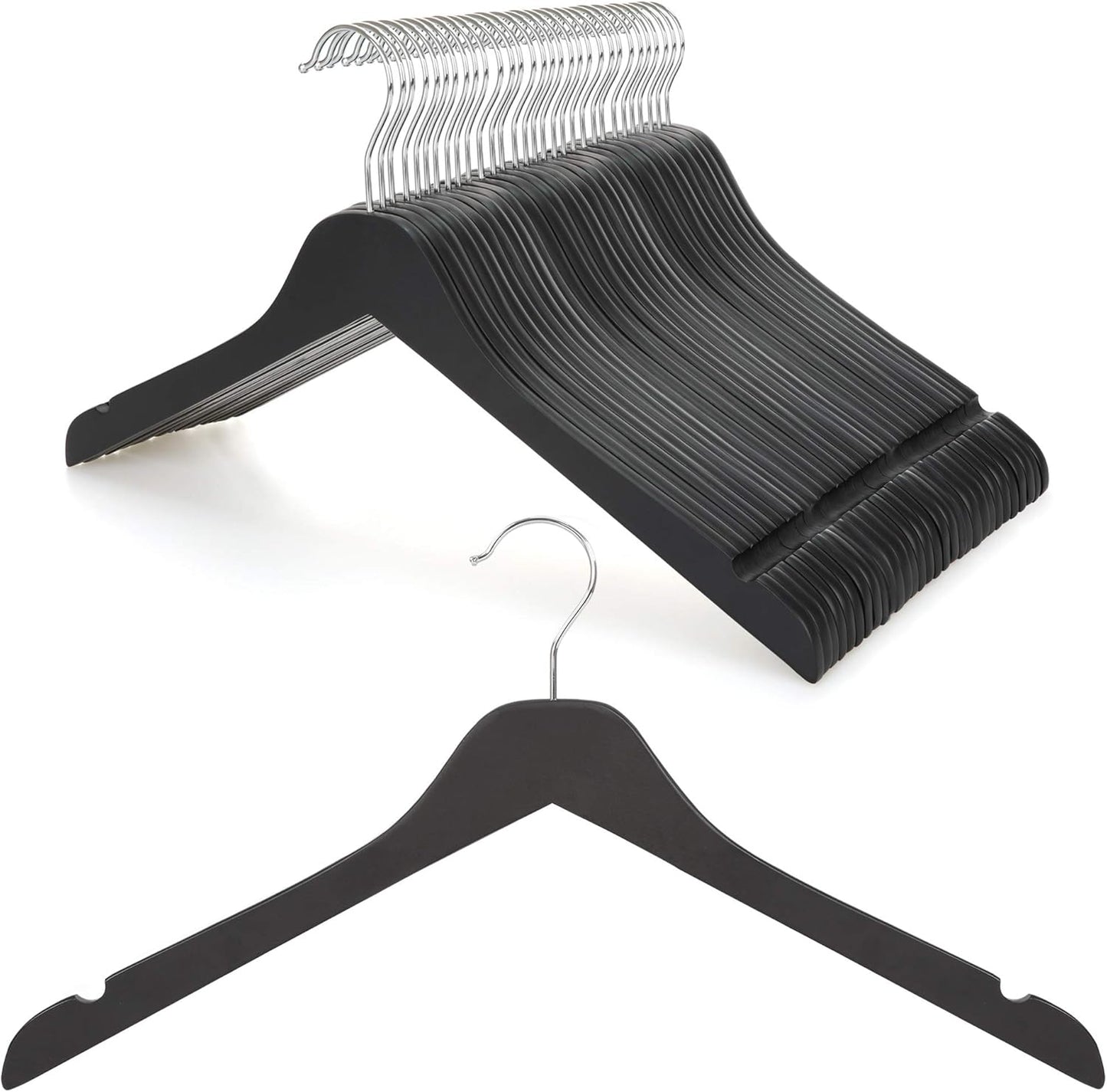 TOPIA HANGER Black Wooden Hangers 30 Pack, 0.28-inch Thick Slim Wood Clothes Hanger with Flat Design and Smooth Notches, Lightweight Space Saving Hangers for Shirt, Coat, Camisole-CT31B