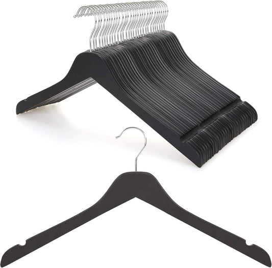 Black wooden clothes hangers set with curved shoulders and silver hook, slim profile