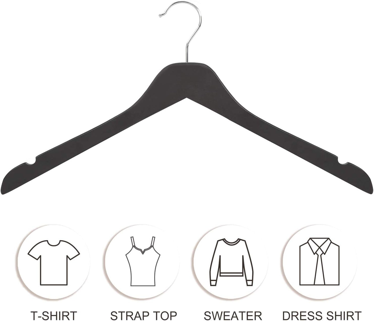 TOPIA HANGER Black Wooden Hangers 30 Pack, 0.28-inch Thick Slim Wood Clothes Hanger with Flat Design and Smooth Notches, Lightweight Space Saving Hangers for Shirt, Coat, Camisole-CT31B