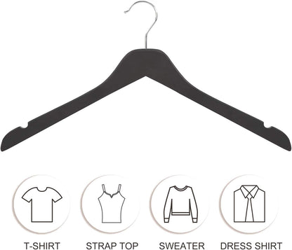 TOPIA HANGER Black Wooden Hangers 30 Pack, 0.28-inch Thick Slim Wood Clothes Hanger with Flat Design and Smooth Notches, Lightweight Space Saving Hangers for Shirt, Coat, Camisole-CT31B