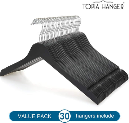 TOPIA HANGER Black Wooden Hangers 30 Pack, 0.28-inch Thick Slim Wood Clothes Hanger with Flat Design and Smooth Notches, Lightweight Space Saving Hangers for Shirt, Coat, Camisole-CT31B