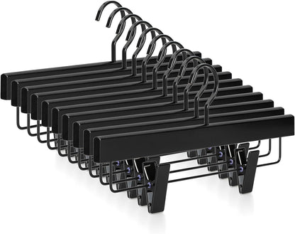 TOPIA HANGER Black Wooden Pants Hangers, Wood Skirt Hangers with Clips, Deluxe Jeans Hanger with 360° Swivel Anti-Rust Flat Hook, Smooth Finish Wood Hangers for Slacks Trousers 20 Pack, CT03B