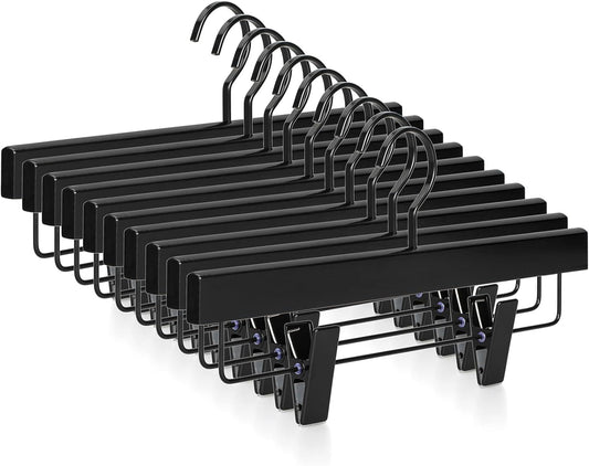 Black wooden pants hanger set with metal hooks and clips, 20-pack style