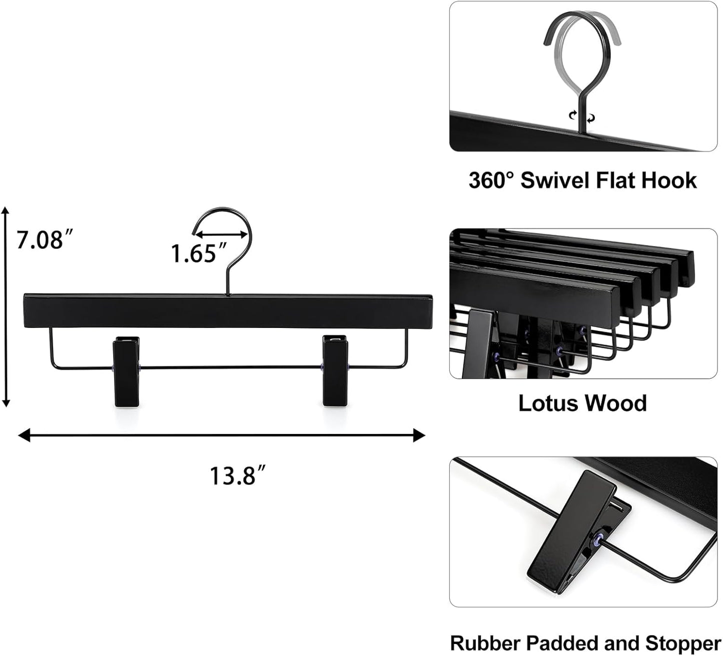 TOPIA HANGER Black Wooden Pants Hangers, Wood Skirt Hangers with Clips, Deluxe Jeans Hanger with 360° Swivel Anti-Rust Flat Hook, Smooth Finish Wood Hangers for Slacks Trousers 20 Pack, CT03B