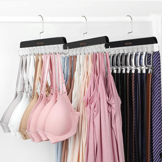 Black multi-hook bra and tank top hangers holding pastel bras and tank tops on closet bar