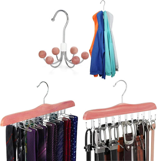 Cedar wood multi-hook hanger with swivel metal hooks for scarves or belts