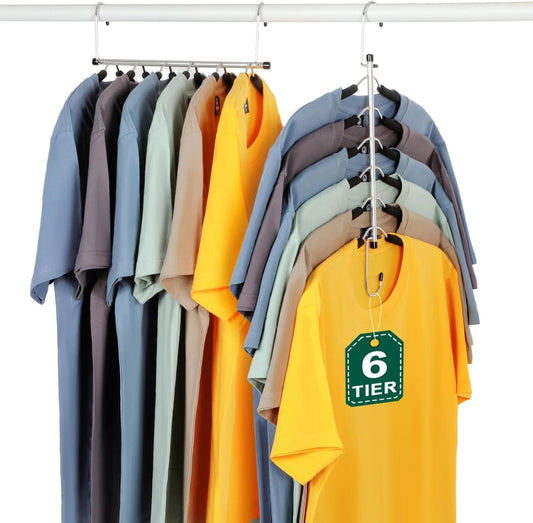 6-tier foam padded shirt hangers holding shirts in assorted colors