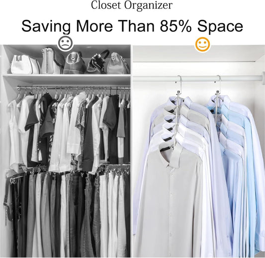 Closet organizer with multi-tier hangers on a rod, shirts hanging vertically