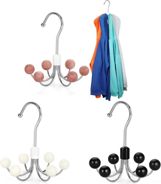 Chrome accessory hanger with rotating ball hooks holding a multi-color hoodie