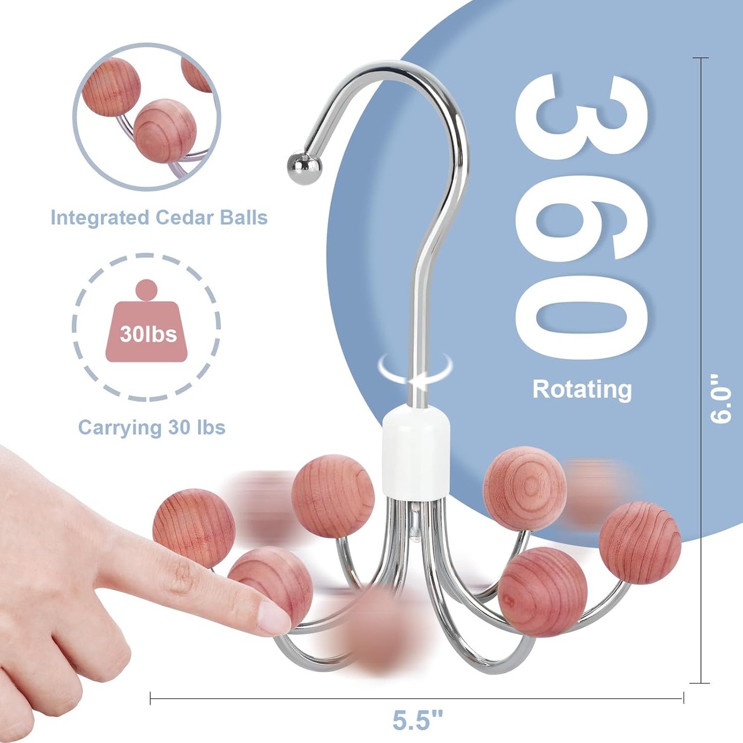 TOPIA HANGER Hoodie Hanger with 6 WOD Balls, 360°Swivel Purse Rack, Scarf Hangers, Closet Hooks, Handbag Organizer, Bra Organizer, Accessory Organizers for Scarf, Tanktop, Hat, Hoodie CT56
