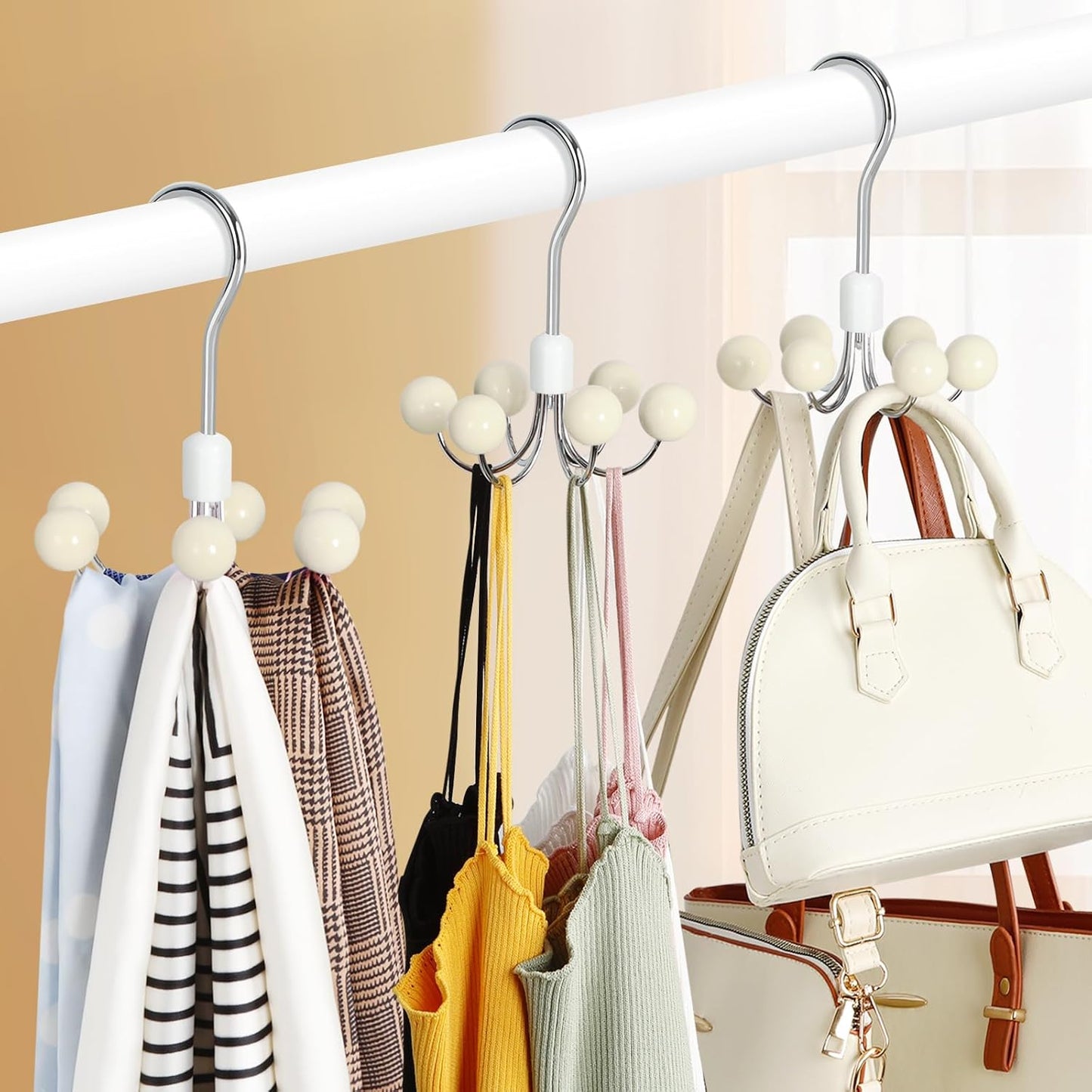 TOPIA HANGER Hoodie Hanger with 6 WOD Balls, 360°Swivel Purse Rack, Scarf Hangers, Closet Hooks, Handbag Organizer, Bra Organizer, Accessory Organizers for Scarf, Tanktop, Hat, Hoodie CT56