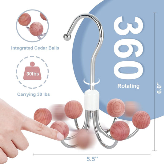 Rotating closet hook hanger with pink cedar balls and white cap