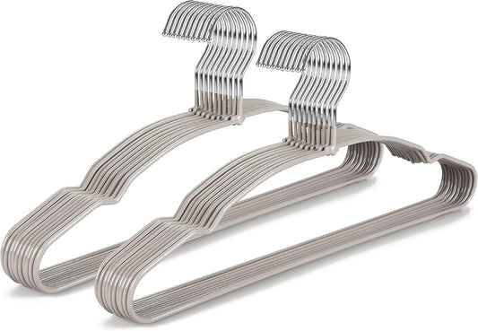 Set of grey rubber-coated metal clothing hangers with curved shoulders and hooks