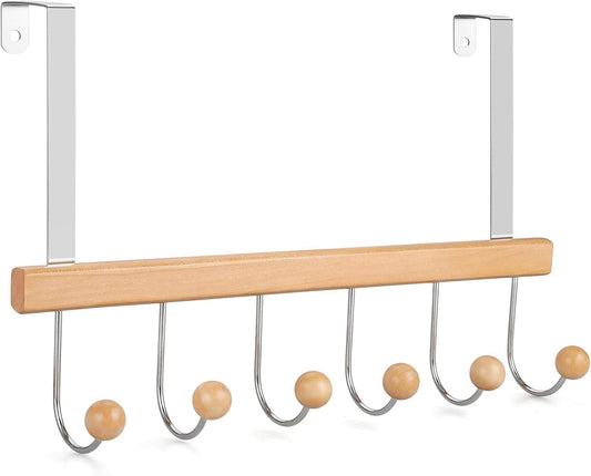 Over-the-door coat hook rack with light wood bar and five curved metal hooks