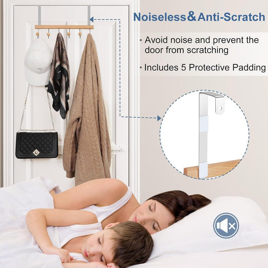 Over-the-door coat hook rack with wooden bar, five hooks, and protective padding