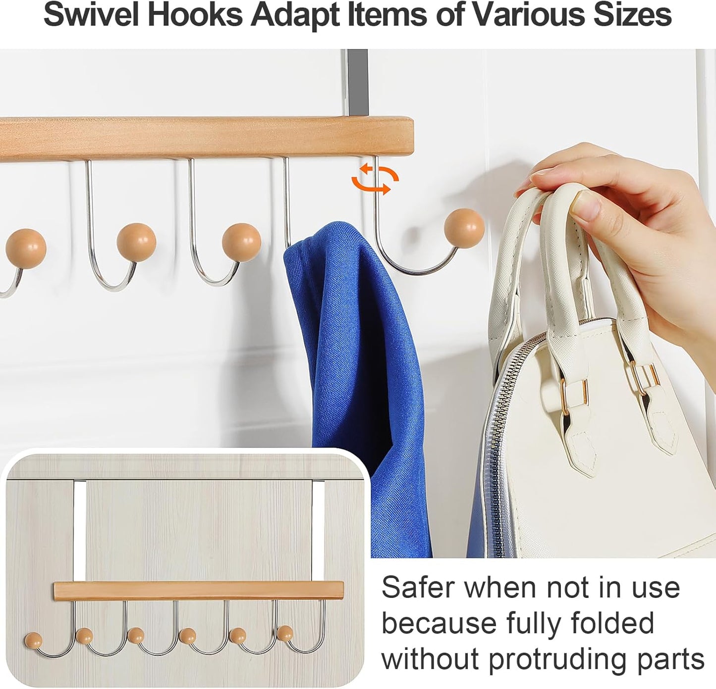 TOPIA HANGER Over The Door Hooks for Hanging, Towel Hooks Towel Racks for Bathroom, Coat Hooks Coat Rack Over The Door Organizer Hanging, Wooden Door Hangers for Coat Towel Hat Purse CT71N